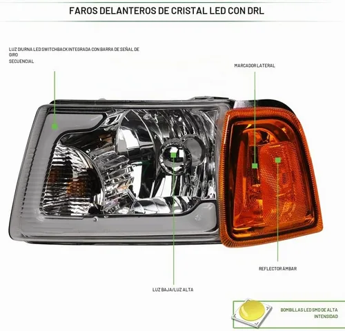 Vista 3 de Switchback - Barra de tubo LED secuencial con carcasa cromada, faros delanteros de cristal con lámparas de esquina de señal, reflector ámbar, 4