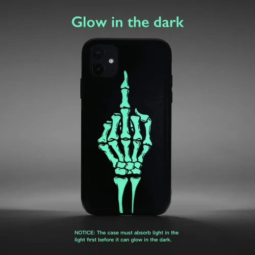 Vista 4 de X spirit Funda genial para iPhone 11, diseño de esqueleto de calavera, estilo gótico atrevido emo luminoso, dedo medio, rock n roll, se ilumina