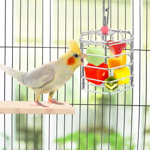 Vista 4 de Alimentador de forraje de acero inoxidable para pájaros, caja de alimentación colgante para guacamayo, cacatúa gris africana, cacatúa, jaula