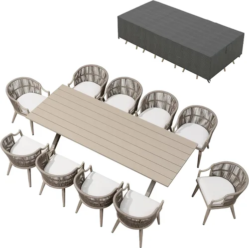 Vista 28 de PURPLE LEAF Juego de comedor de patio para 6 respaldos ergonómicos y cojín Champán