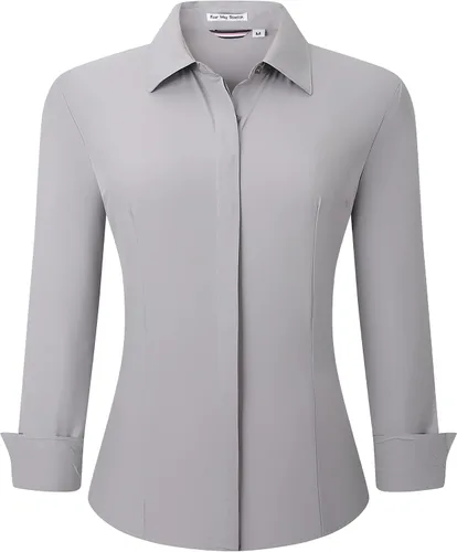 Vista 27 de Alex Vando Camisas de vestir para mujer, sin arrugas, ajuste regular, manga larga, elástica, camisa de trabajo