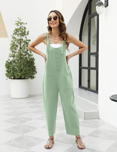 Vista 2 de Omoone Overol de algodón y lino para mujer, estilo casual, con tirantes de corbata, pechera, holgado, pierna ancha con bolsillos
