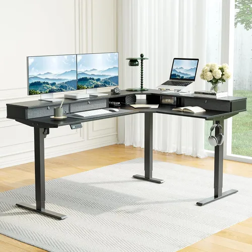 Vista 2 de CubiCubi Escritorio de pie en forma de L de 63 x 48 pulgadas con 3 cajones y estante para monitor, escritorio esquinero de altura ajustable