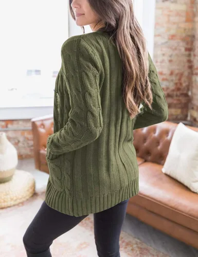 Vista 2 de MEROKEETY - Suéter de punto trenzado y manga larga para mujer, estilo cárdigan abierto al frente, con botones, para otoño, ropa de exterior holgada