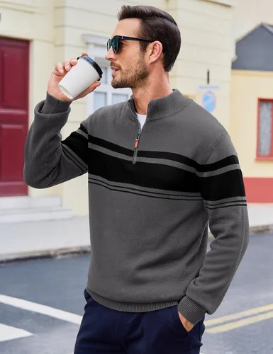 Vista 21 de MAGCOMSEN Suéteres de algodón con cremallera de 1/4 para hombre, suéter tipo polo, a rayas, para otoño e invierno, sudaderas cálidas