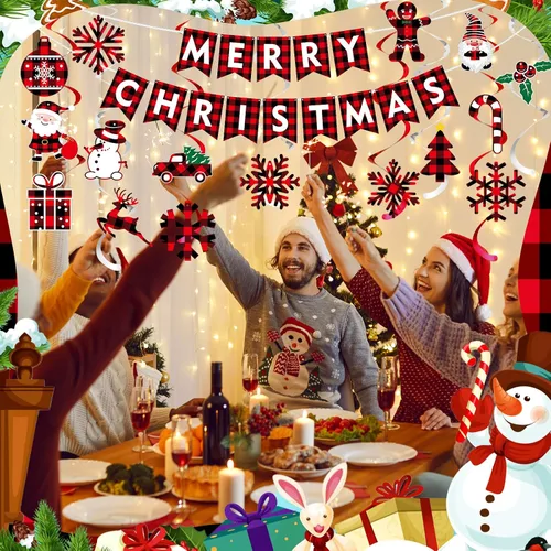Vista 4 de Epakh 34 piezas de remolinos colgantes de Navidad, espirales colgantes de Navidad, remolinos de búfalo a cuadros, pancarta de Navidad para colgar