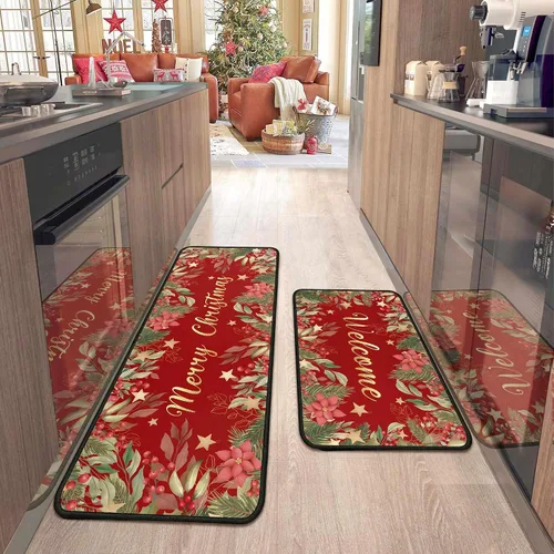 Vista 15 de 2 Piezas Alfombras y Tapetes de Cocina de Navidad para Piso con Base Antideslizante Tapete Feliz Navidad Decoración de Cocina Anti Fatiga