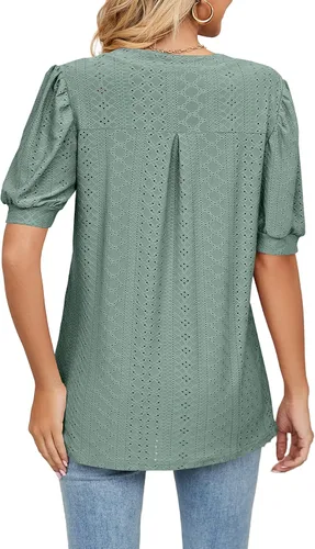 Vista 3 de Blusas de manga corta abombada para mujer, con ojales, estilo casual, cuello en V, blusas elegantes para verano