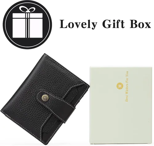 Vista 6 de FALAN MULE Cartera pequeña para mujer, de piel auténtica, plegable, compacta, con bloqueo RFID, pequeña cartera para mujer, ZZE-Elegant Negro