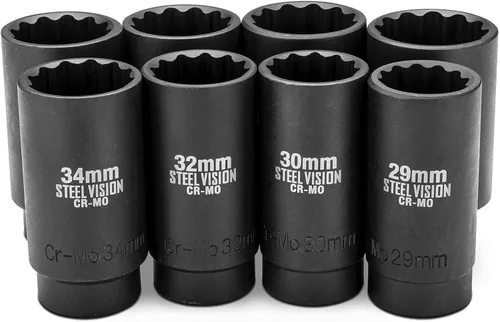 Vista 13 de Steel Vision Tools Juego de 13 piezas de 1/2 pulgada SAE de impacto con unidad de enchufe profundo Acero cromo-molibdeno EncHUFES de impacto