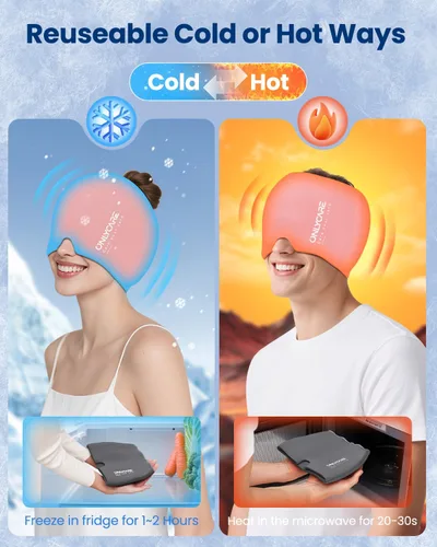 Vista 6 de ONLYCARE Gorro de alivio para migraña, máscara calmante para migraña, envoltura de gel de hielo para cabeza sin olor mejorada, terapia de frío