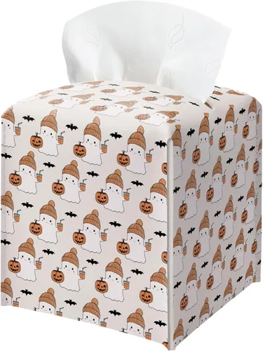 Vista 13 de Soporte para caja de pañuelos de Halloween con tapa cuadrada de cuero negro, organizador de papel facial, dispensador de papel higiénico para baño