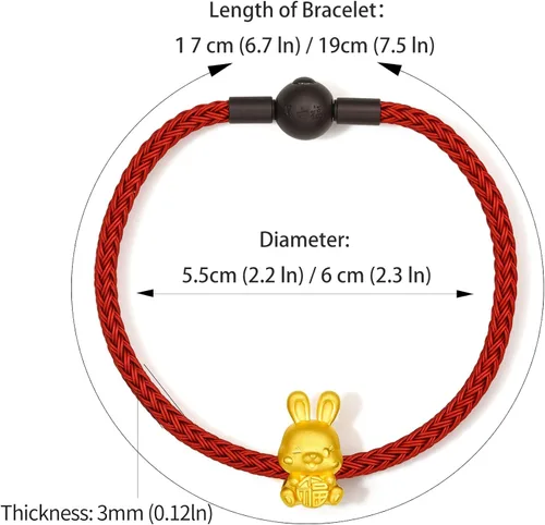 Vista 2 de ZHOU LIU FU Pulseras de oro real para mujer, pulsera de conejo de la suerte, joyería de oro de 24 quilates, pulsera roja, dije de oro sólido