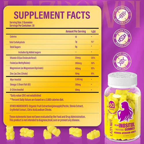 Vista 4 de Myo-inositol y D-Chiro Inositol, Gomitas de inositol con vitamina D3, glicinato de magnesio, omega-3, folato y zinc, suplemento de inositol ciclo