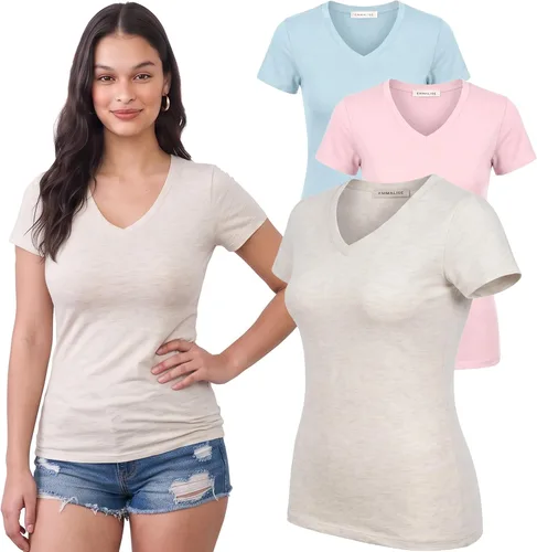 Vista 90 de Emmalise Camiseta de manga corta para mujer, cuello en V, tallas junior y plus