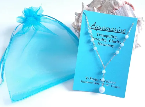 Vista 4 de Natural Crystal Bead Aquamarine Stone Y Shaped Lariat Necklace Non-Tarnish Steel Chain