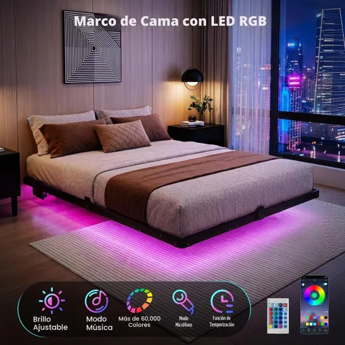 Vista 3 de Liians Marco de cama flotante moderno de tamaño completo con luces LED inteligentes, estación de carga USB, plataforma de metal resistente,