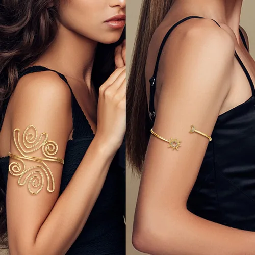 Vista 7 de UBGICIG 6 pulseras de brazo para mujer pulseras de brazo plateado dorado brazalete de hoja de remolino dorado pulsera ajustable