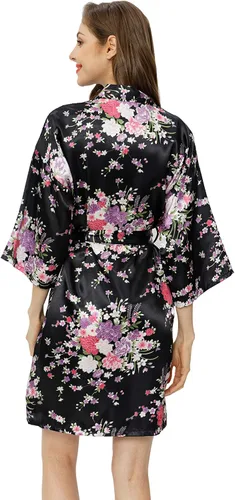 Vista 4 de DITSONEO Bata floral para mujer, bata de satén de seda para dama de honor, para boda, vestido de vestir, kimono, ropa de dormir