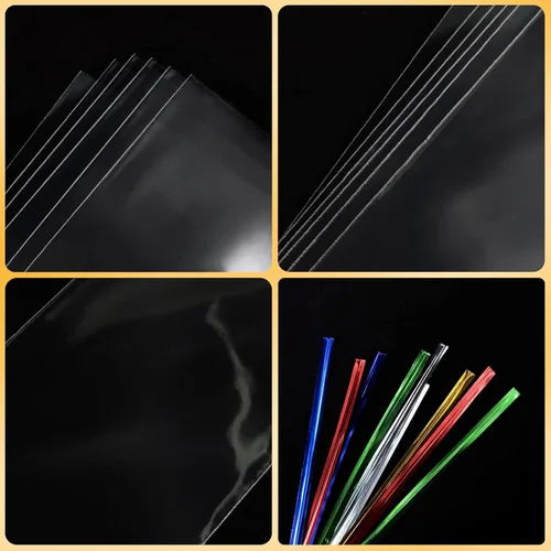 Vista 2 de 100 bolsas de celofán de 3 x 11 pulgadas, bolsas transparentes para dulces con lazos giratorios de 4 pulgadas, bolsas de plástico para violonchelo