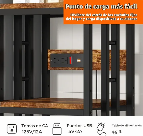 Vista 8 de Mini soporte para refrigerador con almacenamiento con toma de corriente, soporte para horno de microondas, estante para panaderos con estante