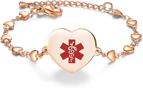 Vista 8 de Pulsera de alerta médica para mujer, ajustable, acero inoxidable, dije de corazón, joyería médica