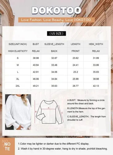 Vista 5 de Dokotoo Suéter casual de invierno para mujer, manga larga, color sólido, punto trenzado, manga de globo, cuello alto falso
