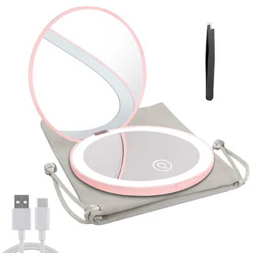 Vista 16 de Espejo compacto con luz LED, espejo recargable con aumento 1x/10x, 3.5 pulgadas, espejo de viaje regulable para bolso, bolsillo, espejo de Negro