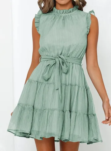 Vista 3 de FARYSAYS - Vestido corto sin mangas, con volados, cuello redondo y lazo en la cintura para mujer vestido casual corto con falda estilo campana