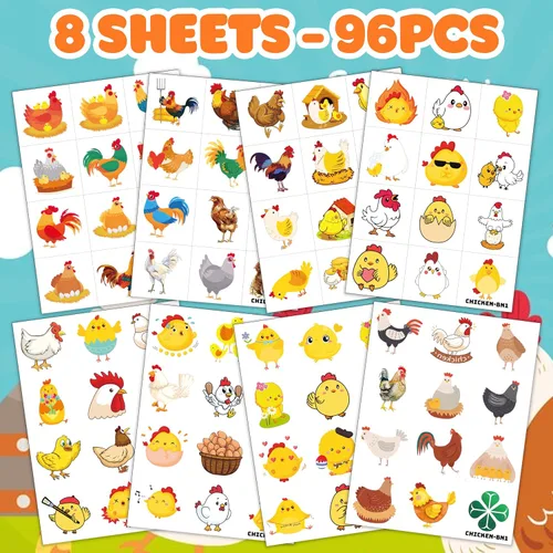 Vista 3 de 80 tatuajes temporales de pollo para niños, recuerdos de fiesta de cumpleaños de animales de granja, bonitos suministros temáticos de granero