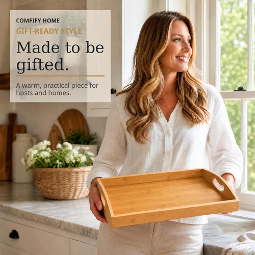 Vista 3 de Comfify Bandejas de bambú para servir, juego de 3 bandejas otomanas para alimentos, entretenimiento y decoración, diseño minimalista Natural