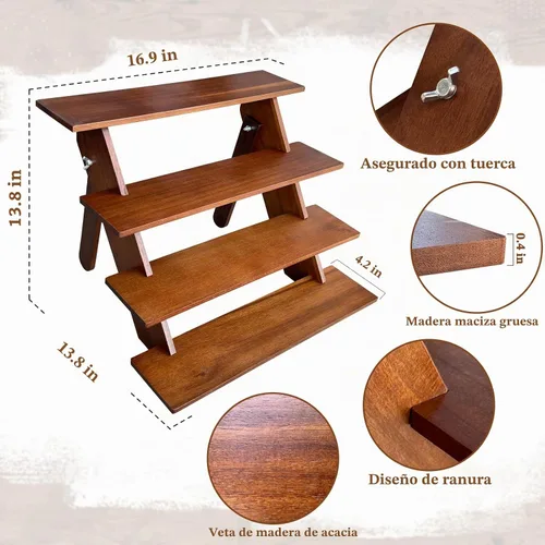 Vista 2 de Soporte de madera de acacia para cupcakes de 4 niveles de madera rústica para cupcakes para bodas, fiestas y postres