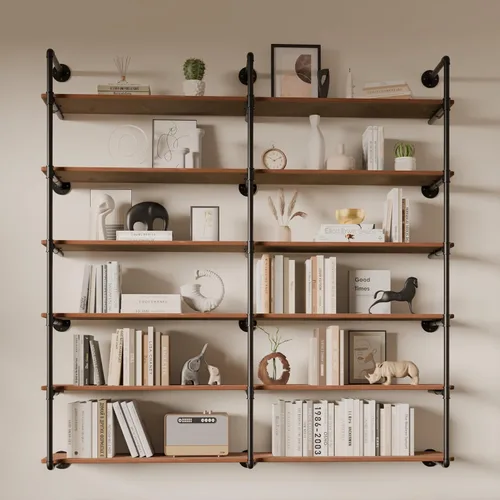 Vista 8 de Estante industrial de tubo de hierro de 5 niveles, estantería de tubo de 48 pulgadas con tablón de madera maciza, estantes abiertos para libros