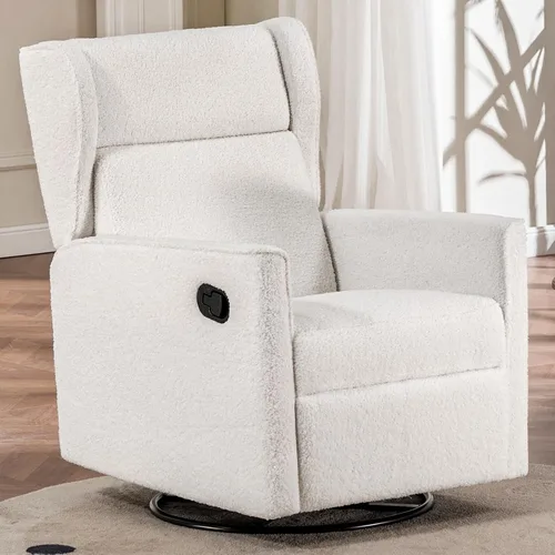 Vista 4 de COMHOMA Mecedora para Cuarto de Bebé Teddy Tapizada Mecedora Giratoria Reclinable Manual Deslizante Silla Reclinable para Sala de Estar Dormitorio