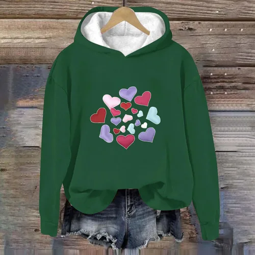 Vista 4 de Sudadera con capucha de corazón para mujer, para el día de San Valentín, divertida gráfica, manga larga, ligera, cálida para invierno