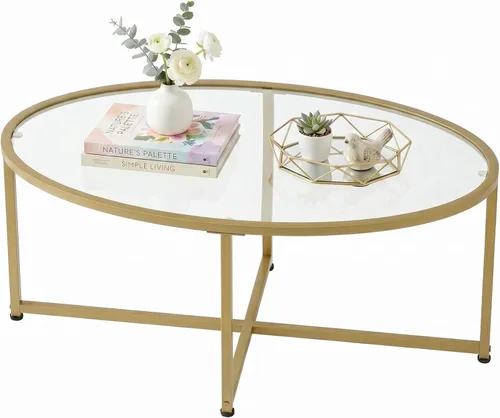 Vista 9 de Wolawu Mesa de centro ovalada dorada de vidrio para sala de estar, mesas de té modernas con marco de metal dorado para espacios pequeños, mesa