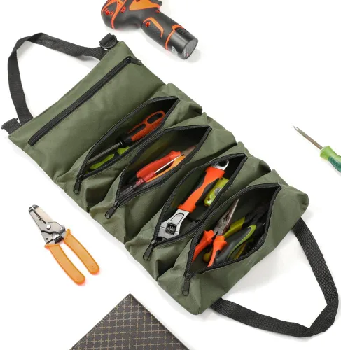 Vista 3 de Bolsa de herramientas enrollable resistente – Organizador de rollos de herramientas de mano de 5 bolsillos Bolsa de herramientas impermeable