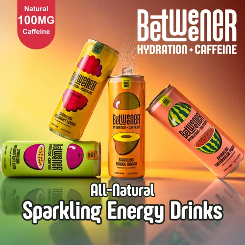 Vista 3 de Betweener Sparkling Energy Seltzer, agua con gas con jugo real y 100 mg de cafeína, ligero y refrescante, L-teanina para concentración, vitaminas