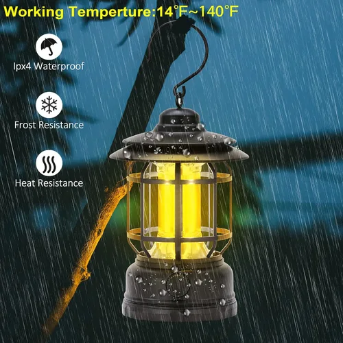 Vista 2 de Faroles LED para campamento, estilo vintage, color negro, paquete de 2 Recargable, portátil, atenuación continua, impermeable IP44, luz colgante