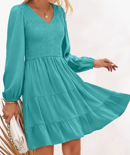 Vista 7 de ZESICA Minivestido casual con cuello en V y manga larga fruncida y cintura alta fruncida con volantes en línea A