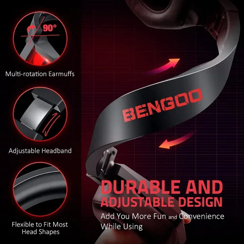 Vista 3 de BENGOO Auriculares inalámbricos para juegos 24G para PS5 PS4 PC con micrófono desmontable con cancelación de ruido luz LED roja orejeras de memoria