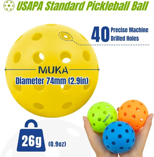 Vista 3 de Muka Paquete de 10 bolas de pickleball con bolsa de cordón, bolas de pickleball de 40 agujeros para exteriores