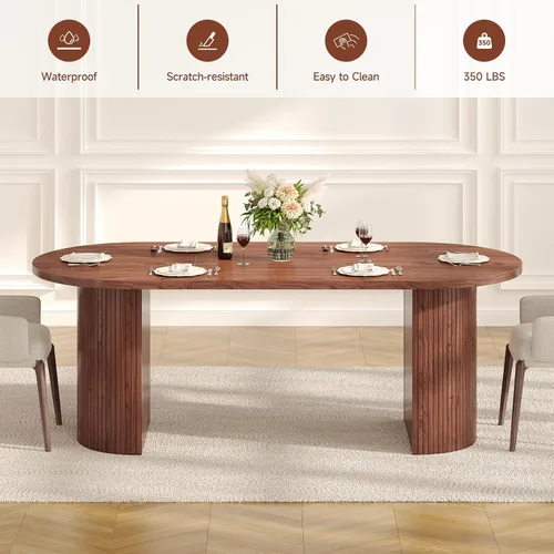 Vista 7 de ONBRILL Mesa de comedor de 70.8 pulgadas para 4-6, mesa de comedor ovalada con base de tira de madera acanalada curvada, mesas de cocina modernas