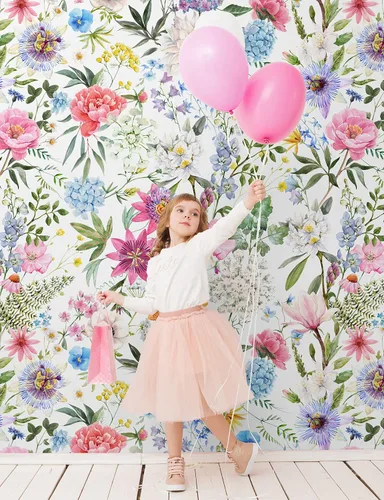 Vista 2 de Murwall Pink Floral Wallpaper Watercolor Wildflower Blossom Wall Mural