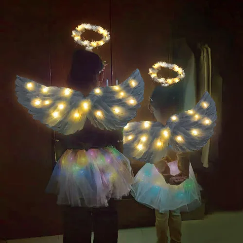 Vista 7 de Alas de ángel, alas de ángel iluminadas y halo con luces LED, disfraz de alas de ángel blancas para adultos, mujeres, niños, Halloween, Navidad