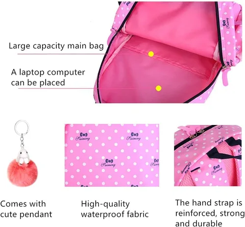 Vista 6 de 3Pcs Kids Backpack Bowknot Printed Daypack Girls 3 in 1 School Bag with Shoulder Bag and Pencil Bag