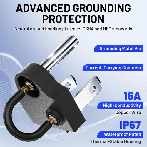 Vista 3 de Enchufe de conexión a tierra para generador con llavero – Adaptador portátil de unión a tierra neutra (NEMA 5-15P a 5-15R/TT-30R) para generadores