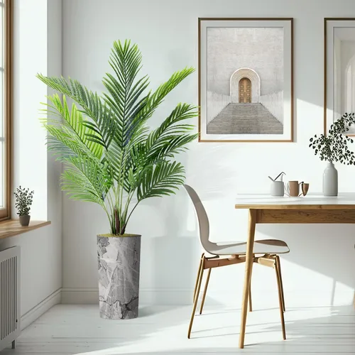 Vista 6 de Árbol artificial en maceta moderna, palmera tropical areca artificial de seda para decoración del hogar en interiores y exteriores, altura total 66
