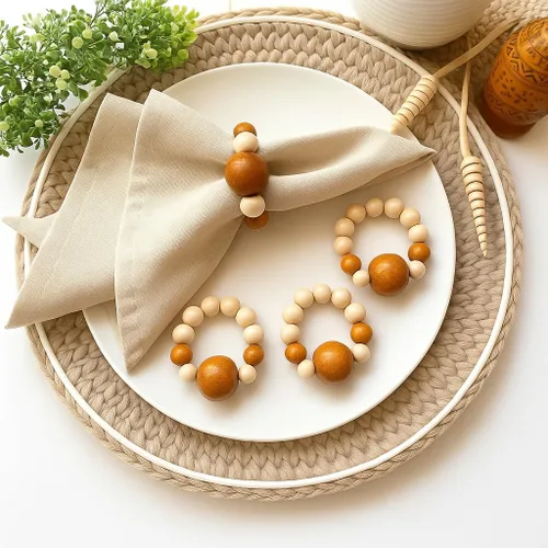 Vista 11 de Juego de 6 servilleteros modernos con cuentas de madera Servilleteros de cena para vacaciones y Navidad, fiesta de cumpleaños y decoración de boda