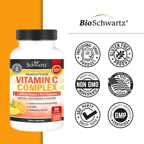 Vista 7 de Vitamina C - cápsulas de 1000 mg con zinc, escaramujo y bioflavonoides - Suplemento de apoyo inmune con 10 veces el poder de la vitamina C - Acorta